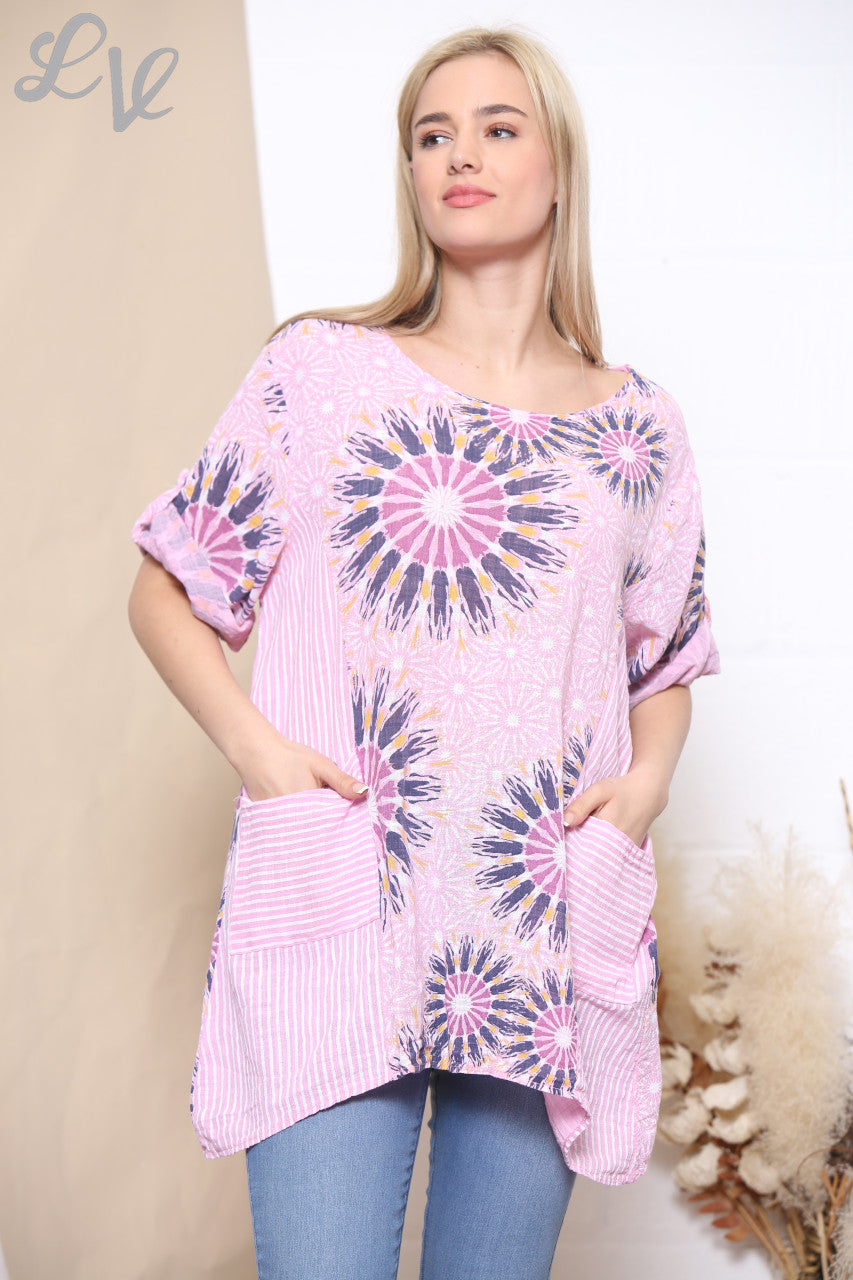 Dames Top met Vuurwerk & Strepenprint Roze