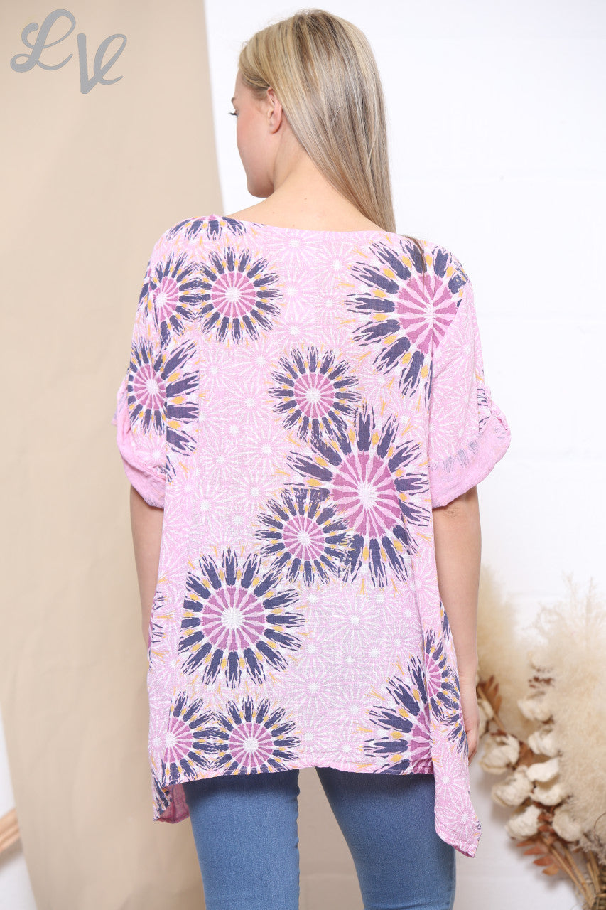 Dames Top met Vuurwerk & Strepenprint Roze