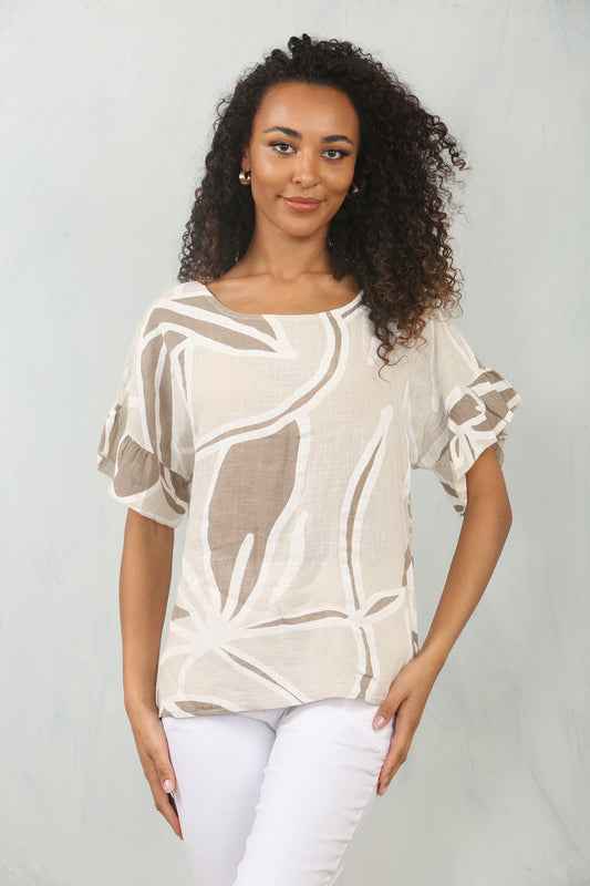 FLOWER ABSTRACT PRINT FRILL SLEEVE TOP STONE