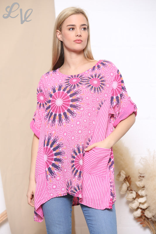 Ladies Firework & Stripe Print Top Cerise