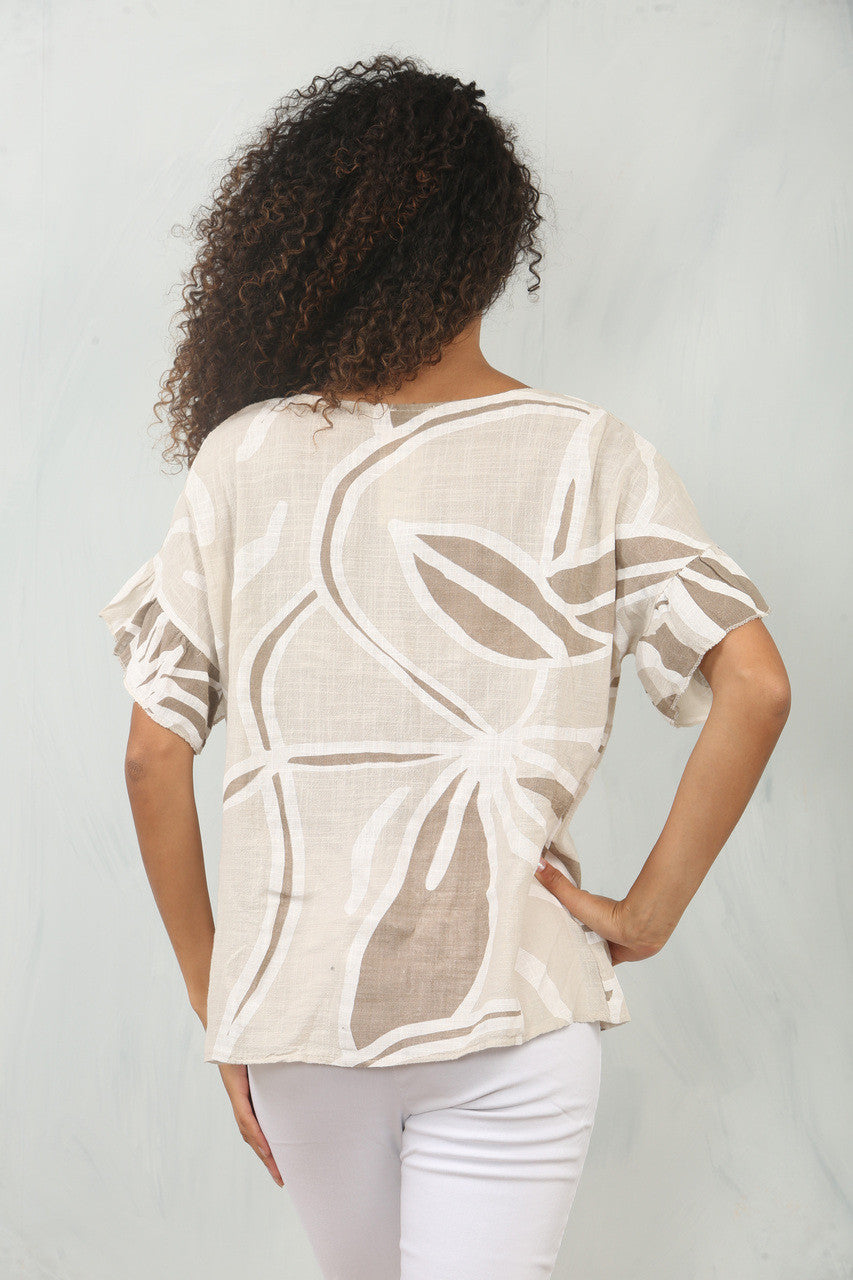 FLOWER ABSTRACT PRINT FRILL SLEEVE TOP STONE