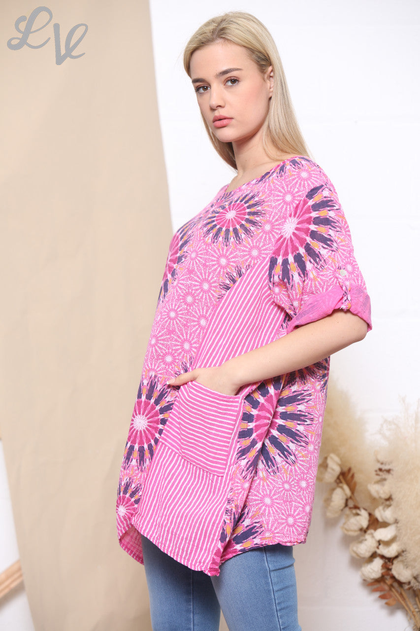 Ladies Firework & Stripe Print Top Cerise