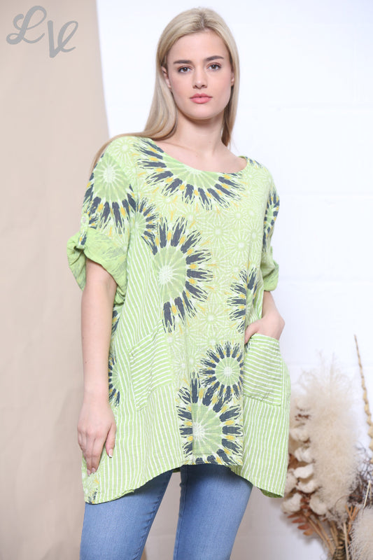 Ladies Firework & Stripe Print Top Lime
