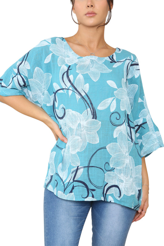 Ladies Floral Sketch Swirls Print Top Turquoise