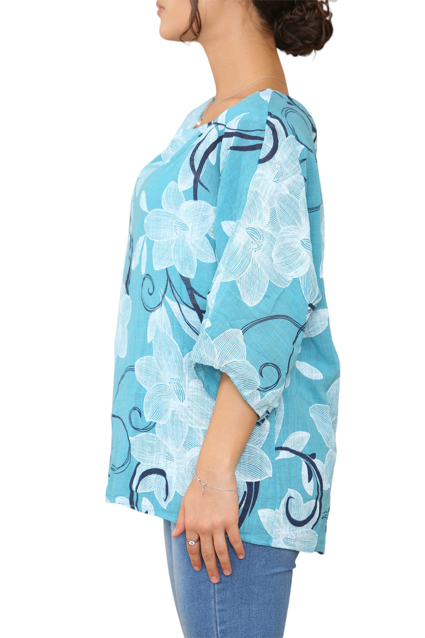 Ladies Floral Sketch Swirls Print Top Turquoise