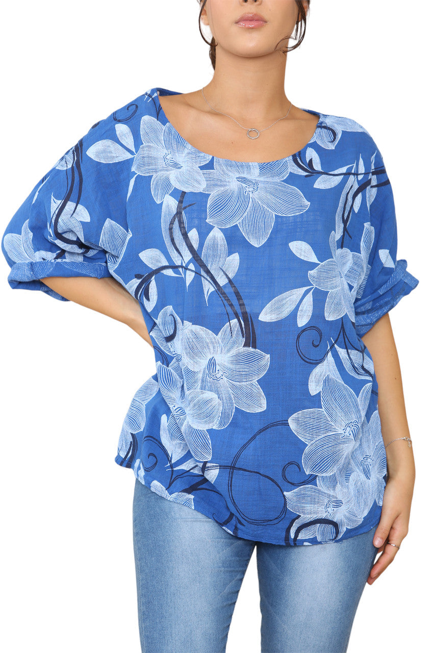 Ladies Floral Sketch Swirls Print Top Royal Blue