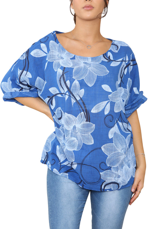 Ladies Floral Sketch Swirls Print Top Royal Blue
