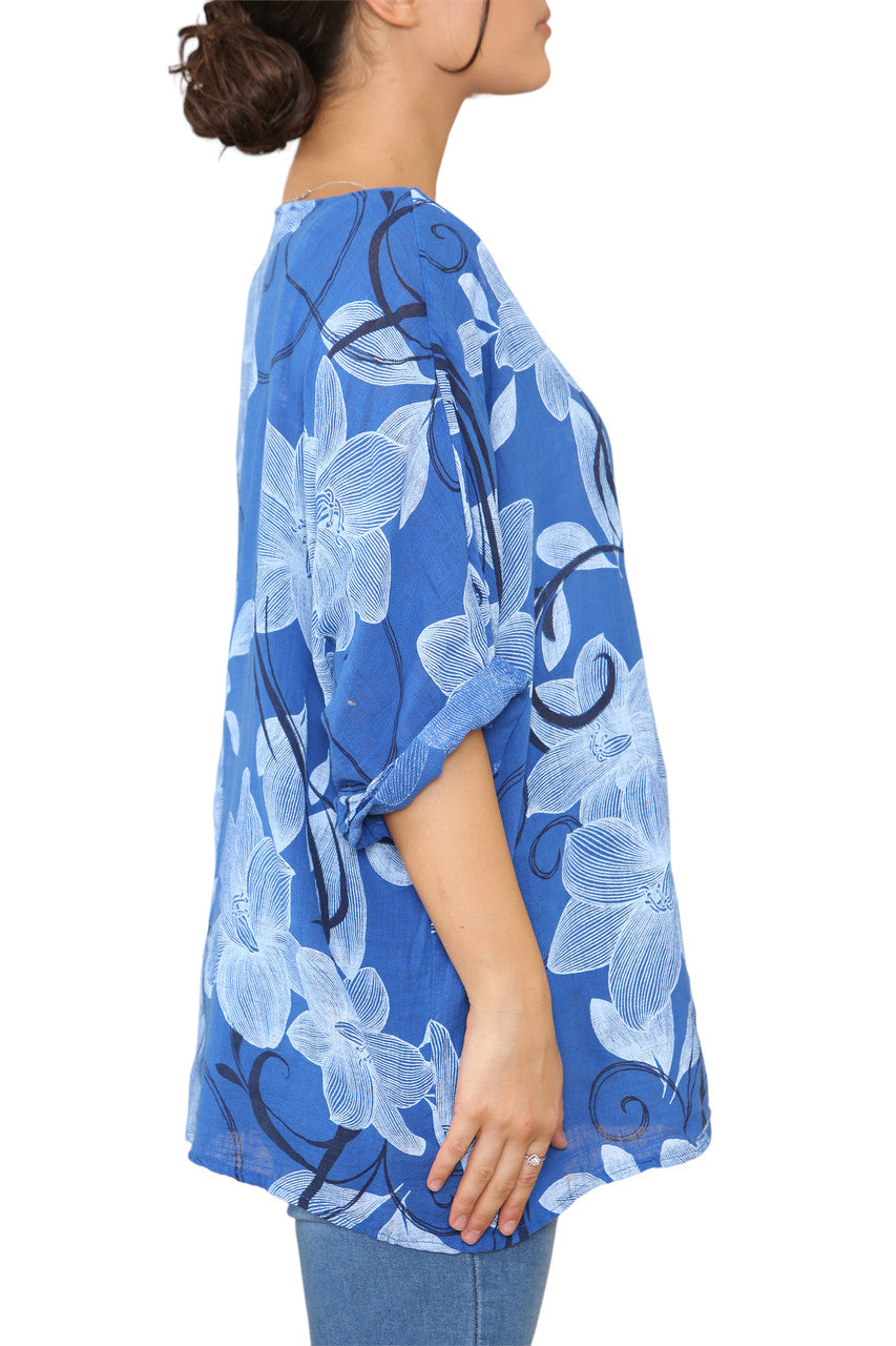 Ladies Floral Sketch Swirls Print Top Royal Blue
