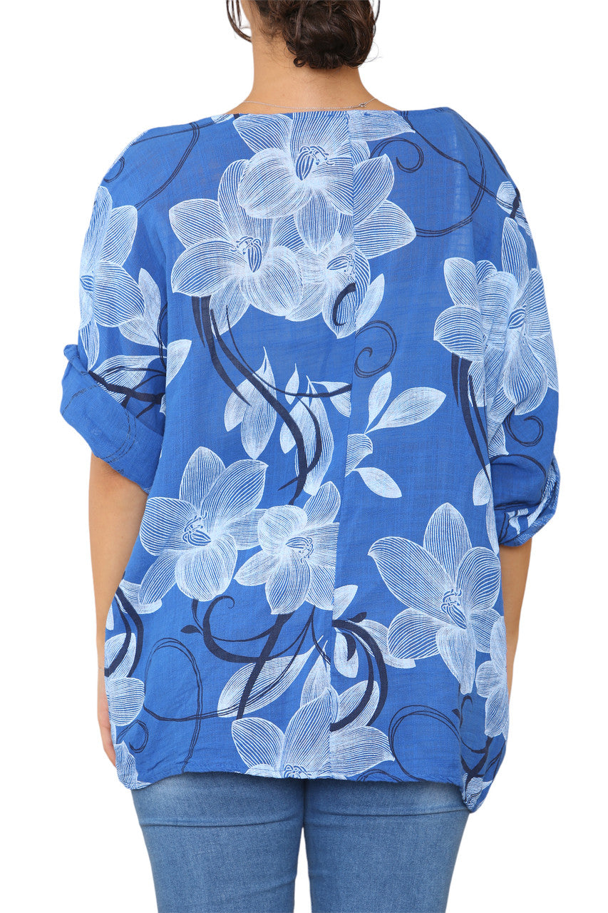 Ladies Floral Sketch Swirls Print Top Royal Blue