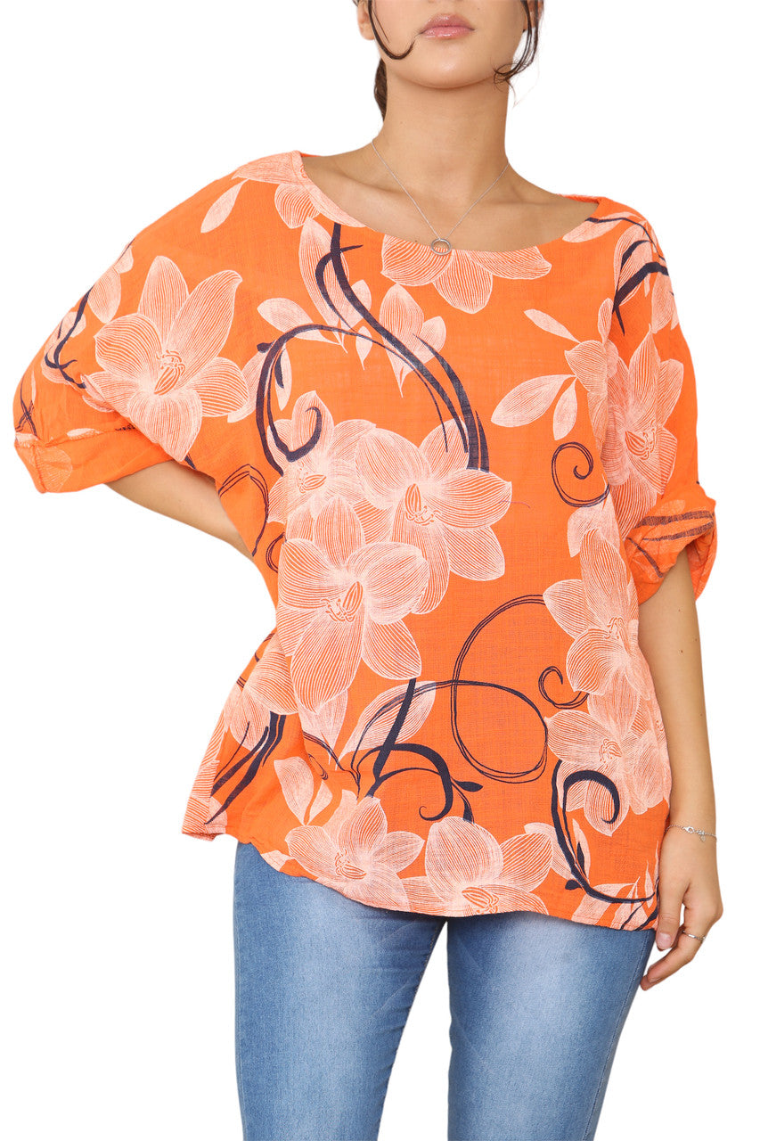 Dames Top Oranje Met Bloemenprint En Krullen