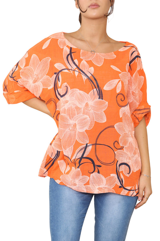 Ladies Floral Sketch Swirls Print Top Orange