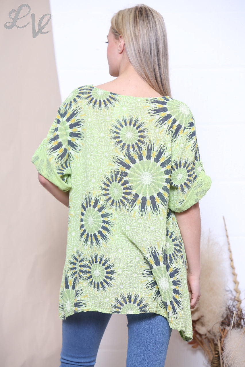 Ladies Firework & Stripe Print Top Lime
