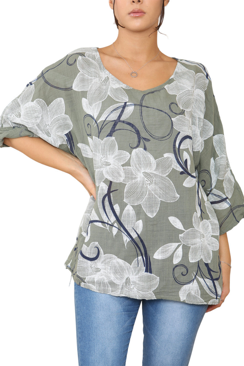 Dames Top met Bloemen Schets Krullen Print Kaki