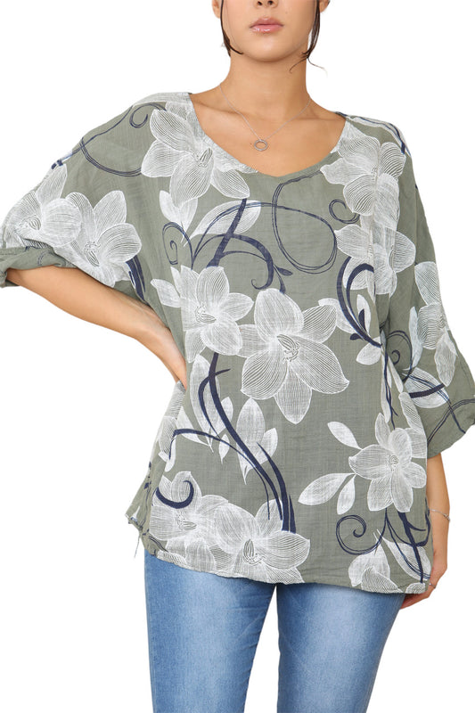 Ladies Floral Sketch Swirls Print Top Khaki