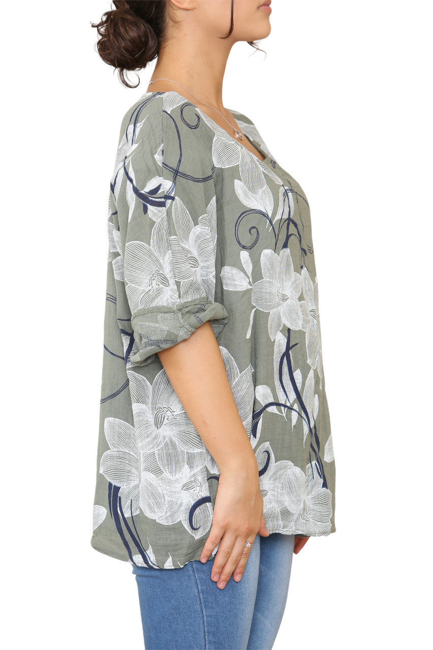 Dames Top met Bloemen Schets Krullen Print Kaki