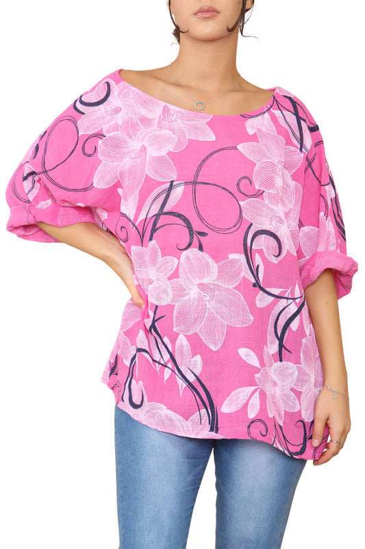 Ladies Floral Sketch Swirls Print Top Cerise