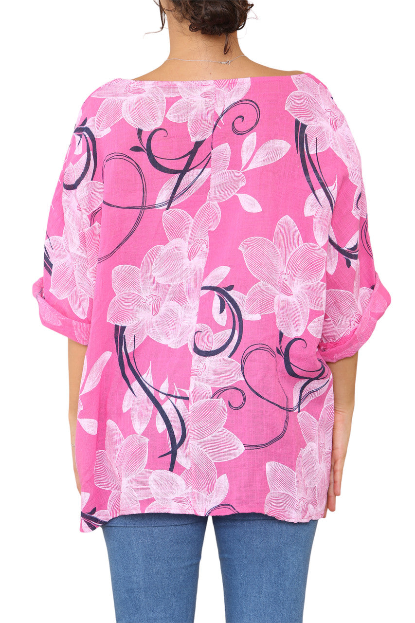 Ladies Floral Sketch Swirls Print Top Cerise