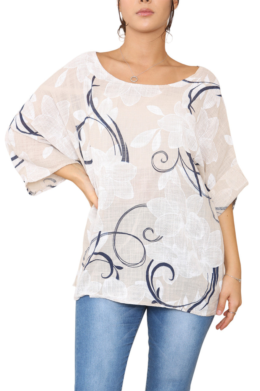 Ladies Floral Sketch Swirls Print Top Stone