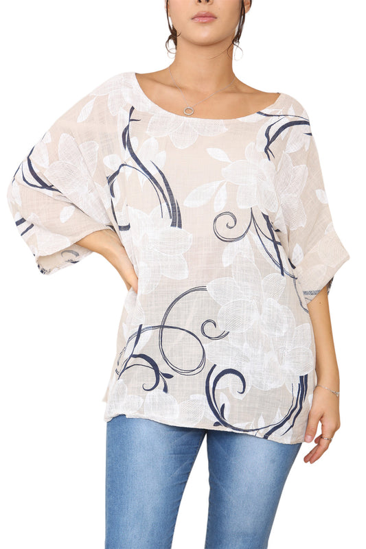 Ladies Floral Sketch Swirls Print Top Stone