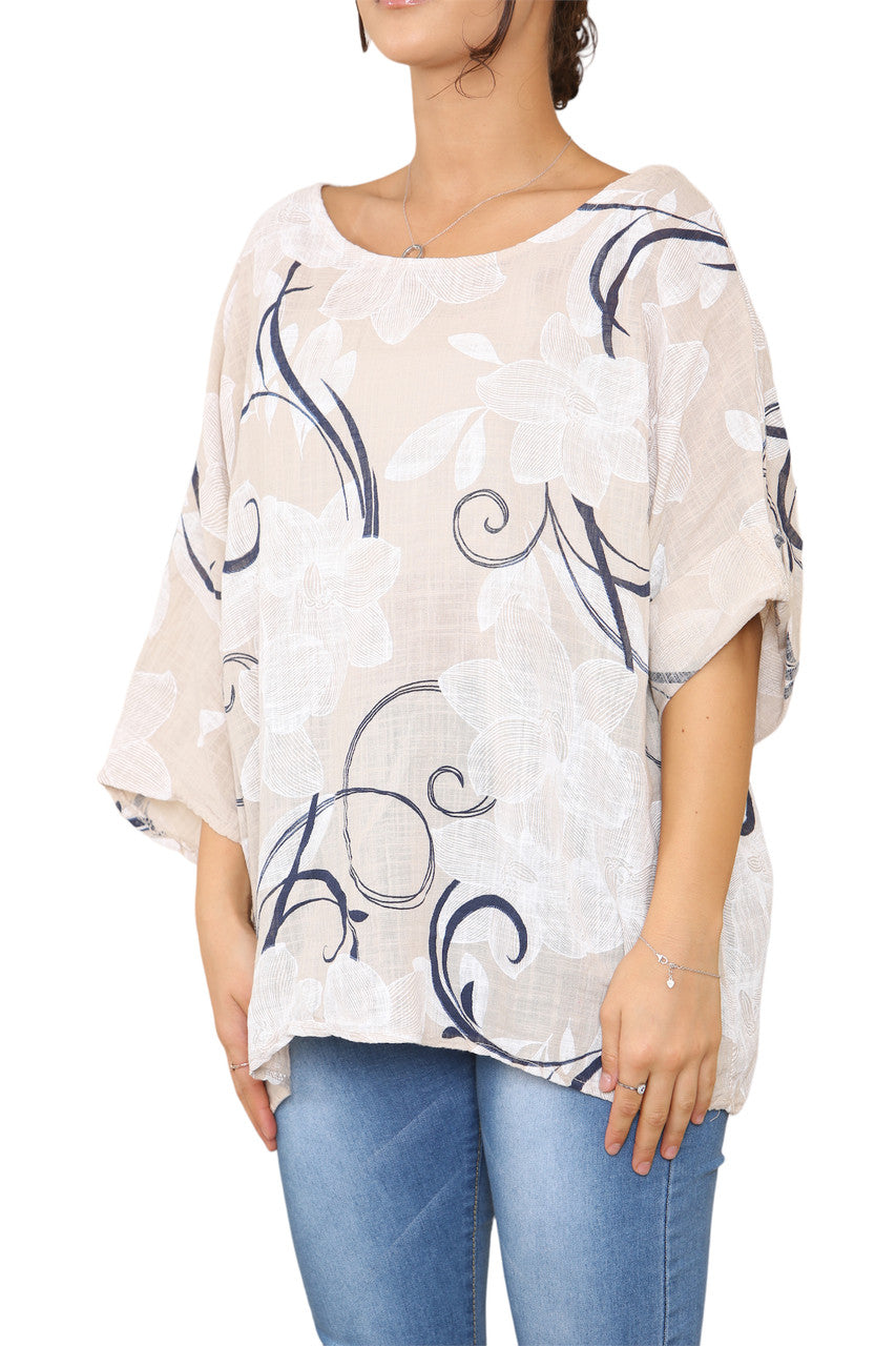Ladies Floral Sketch Swirls Print Top Stone