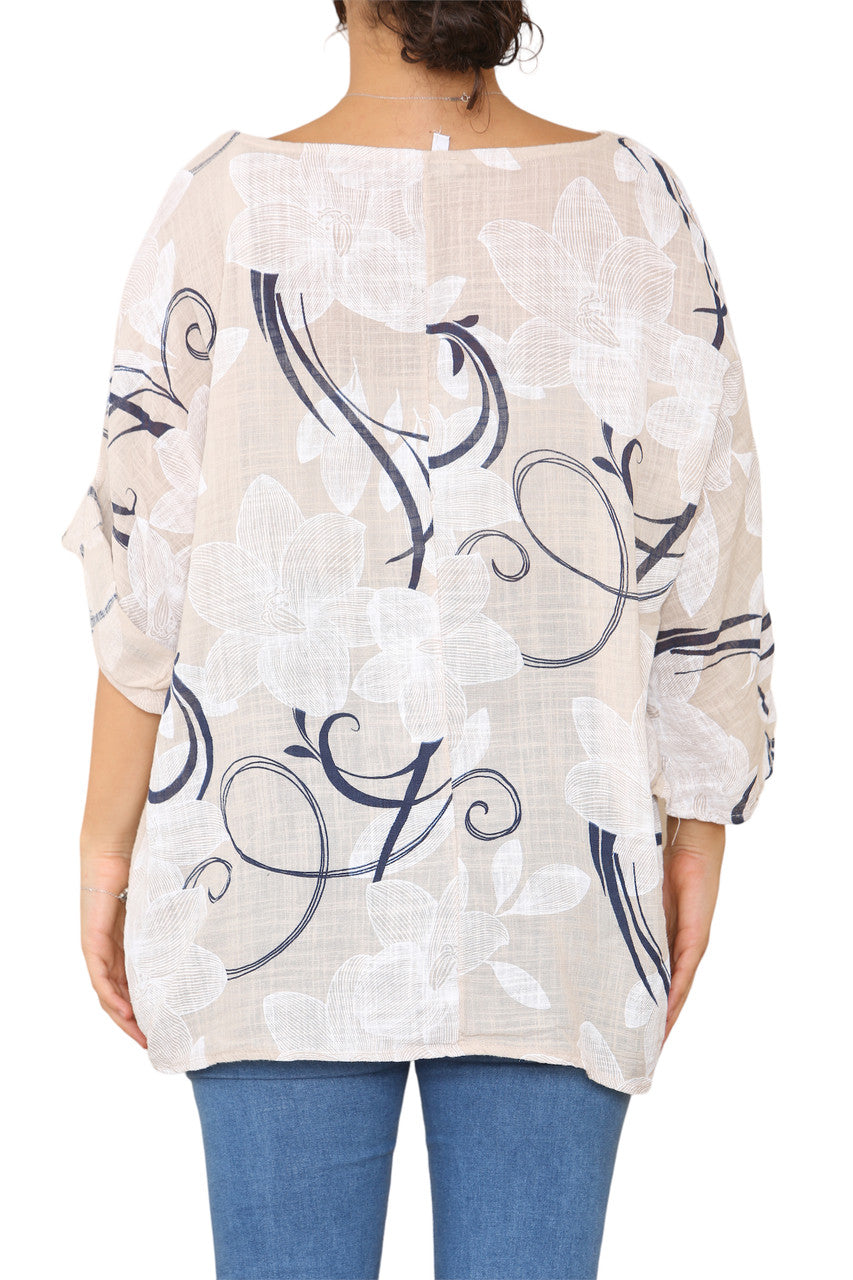 Ladies Floral Sketch Swirls Print Top Stone