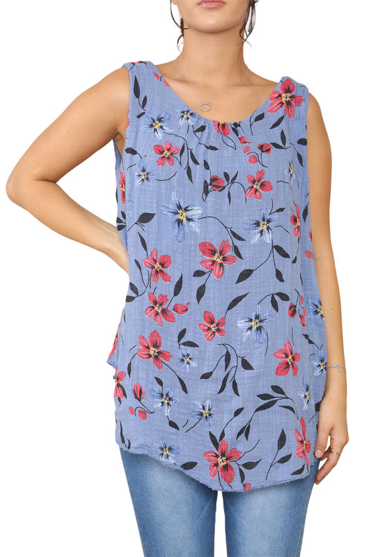 Ladies Floral Print Sleeveless Vest Top Denim