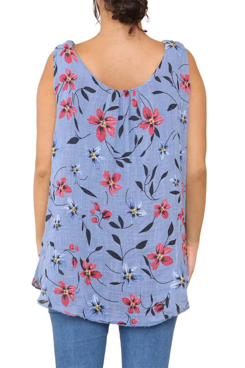 Ladies Floral Print Sleeveless Vest Top Denim