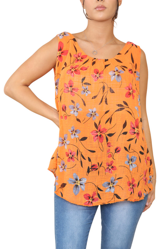 Ladies Floral Print Sleeveless Vest Top Orange