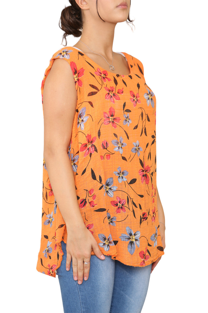 Ladies Floral Print Sleeveless Vest Top Orange