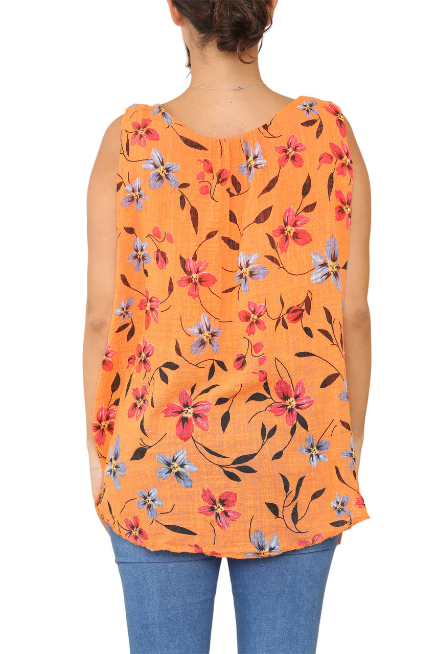 Ladies Floral Print Sleeveless Vest Top Orange
