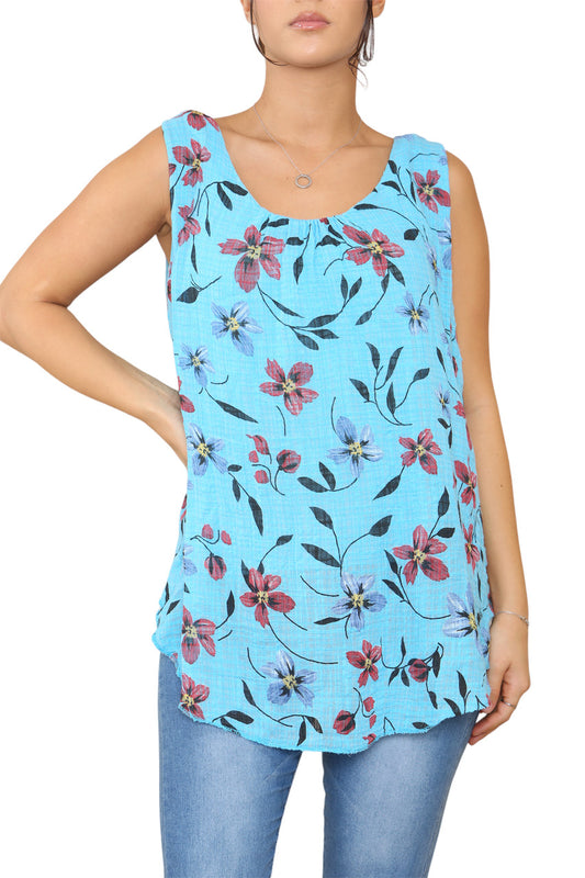 Ladies Floral Print Sleeveless Vest Top Turquoise