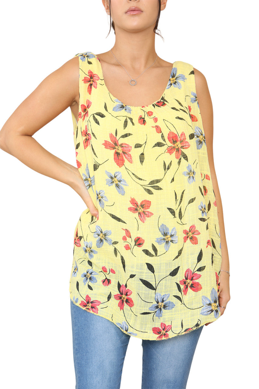 Dames mouwloze top met bloemenprint geel