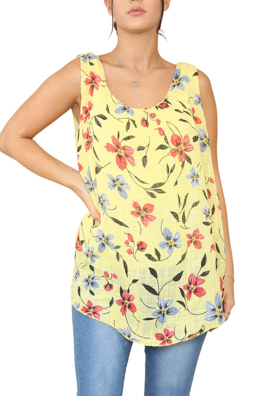 Ladies Floral Print Sleeveless Vest Top Yellow