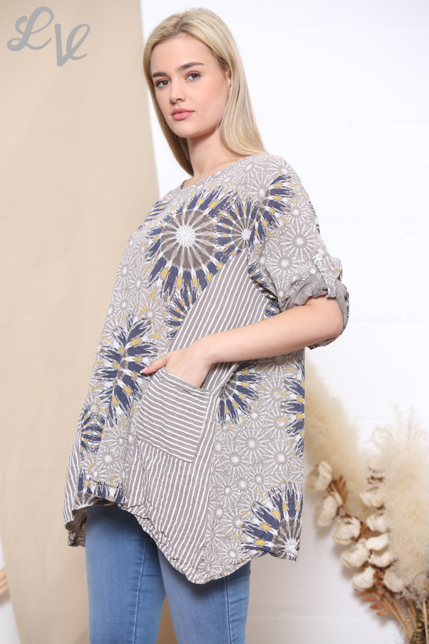 Ladies Firework & Stripe Print Top Taupe