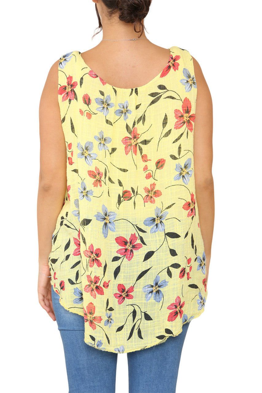 Dames mouwloze top met bloemenprint geel