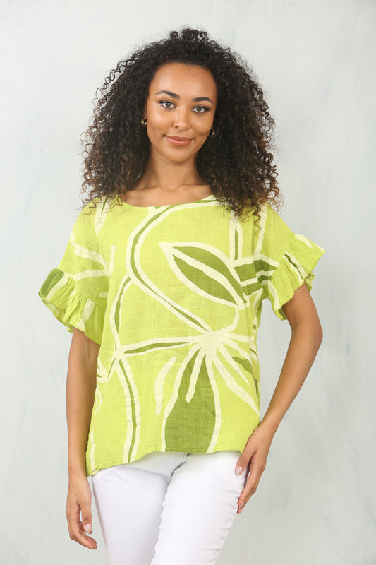 FLOWER ABSTRACT PRINT FRILL SLEEVE TOP LIME