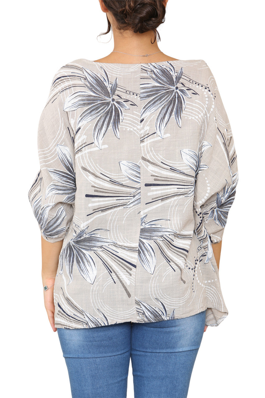 Ladies Leaf Sketch Print Top Stone