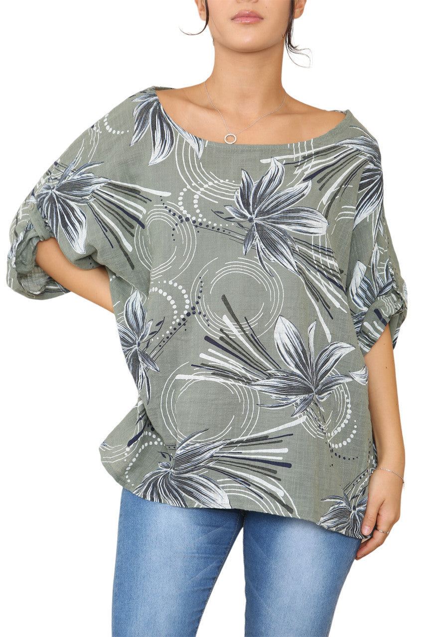 Ladies Leaf Sketch Print Top Khaki