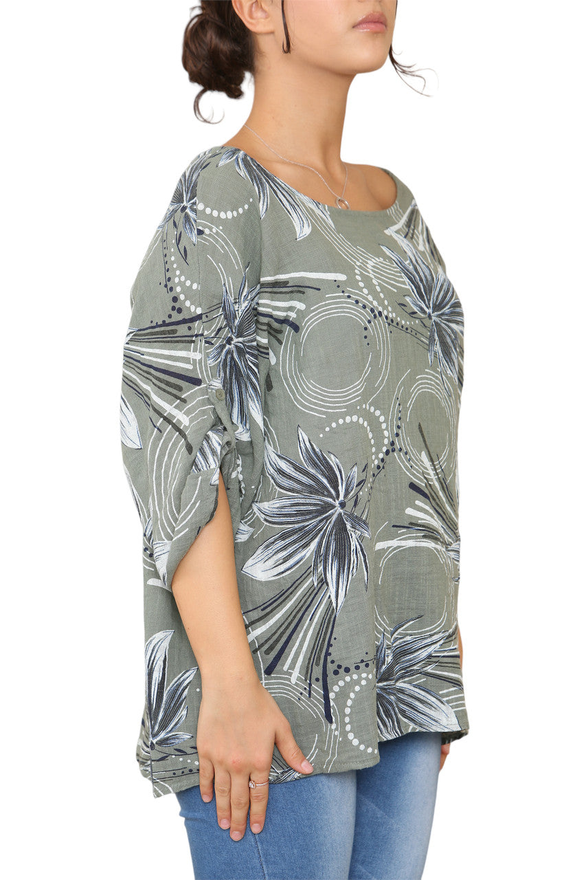 Ladies Leaf Sketch Print Top Khaki