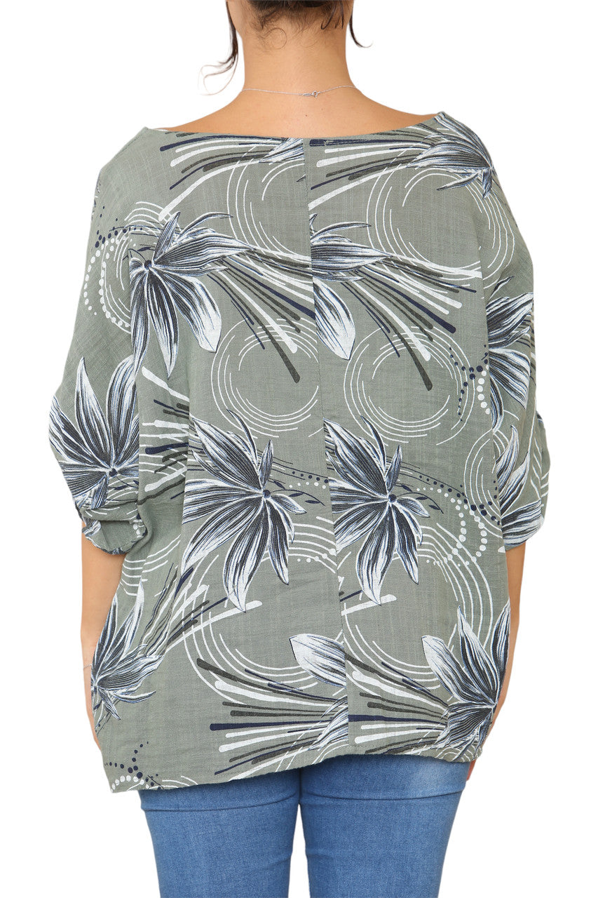 Ladies Leaf Sketch Print Top Khaki