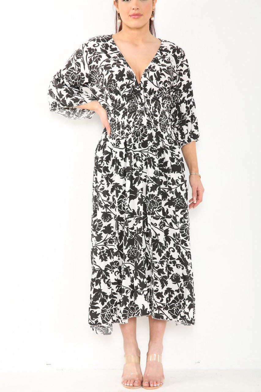 Ladies Baroque Print Elasticated Waist Maxi Dress Black