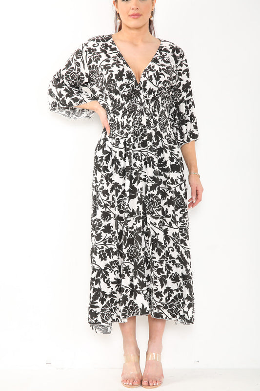 Dames Barokprint Maxi-jurk met Elastische Taille Zwart