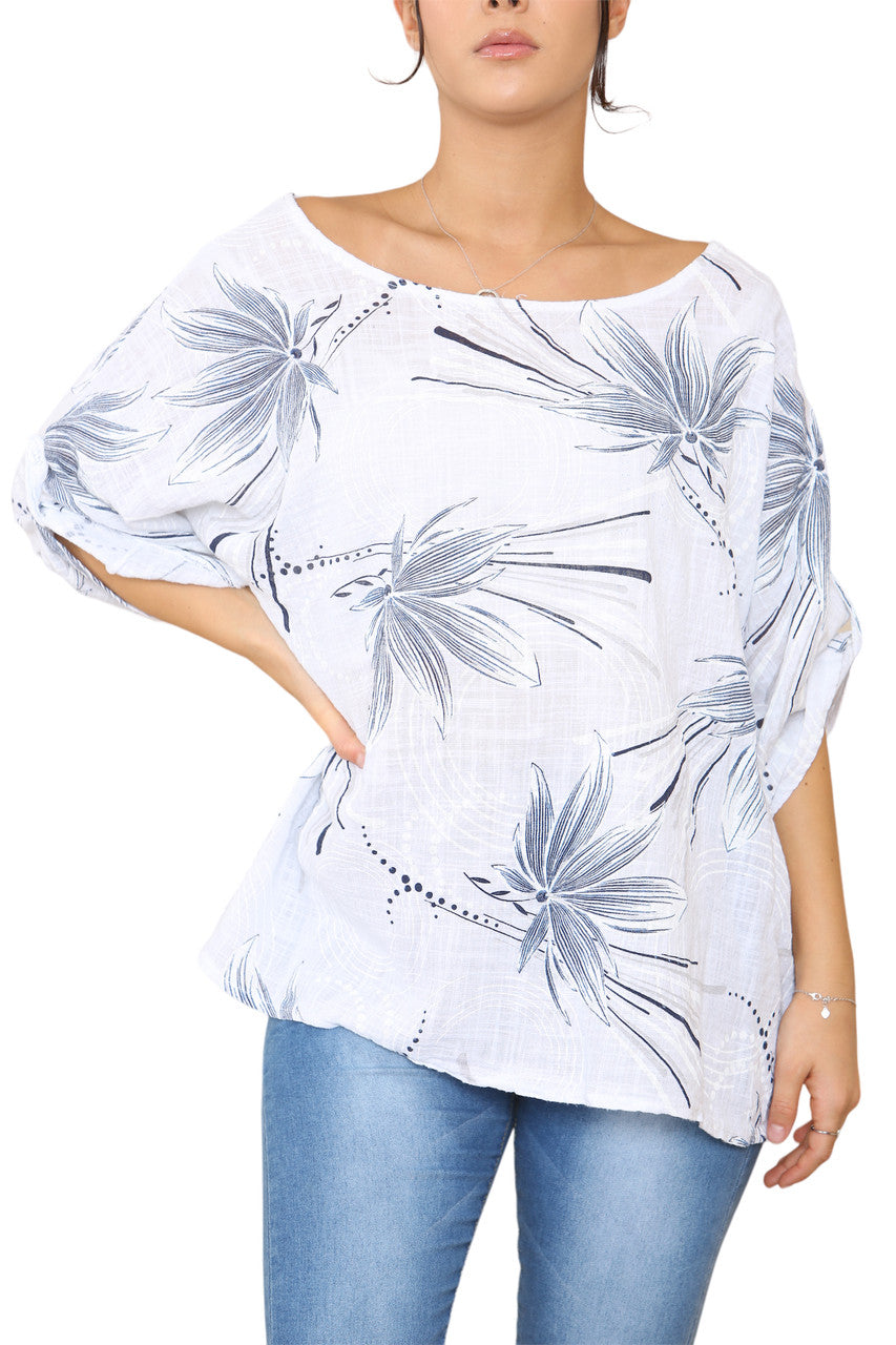 Ladies Leaf Sketch Print Top White