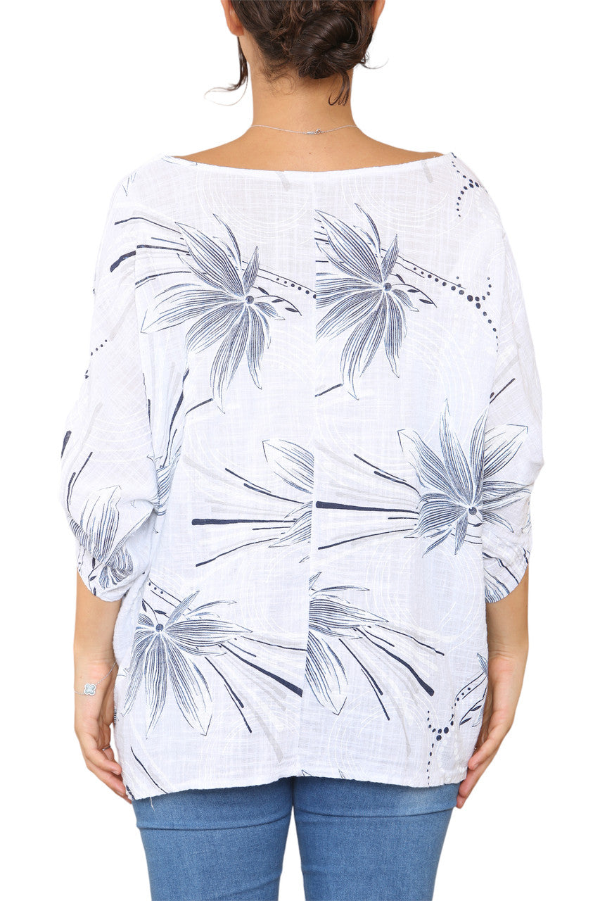 Ladies Leaf Sketch Print Top White