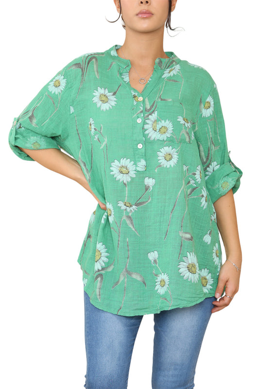 DAISY FLORAL MIX GRANDAD SHIRT BLOUSE GREEN