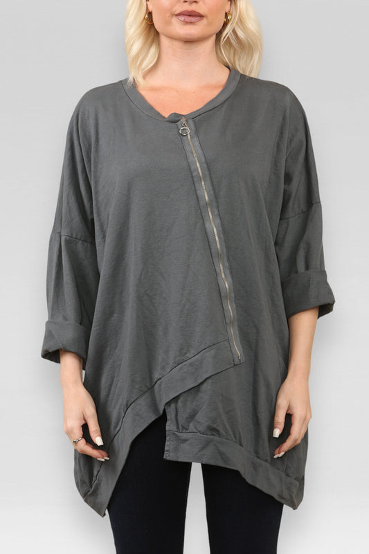 SWEATER MET RITSCHARNIER EN OPSTAANDE KRAAG - ANTRACIETGRIJS