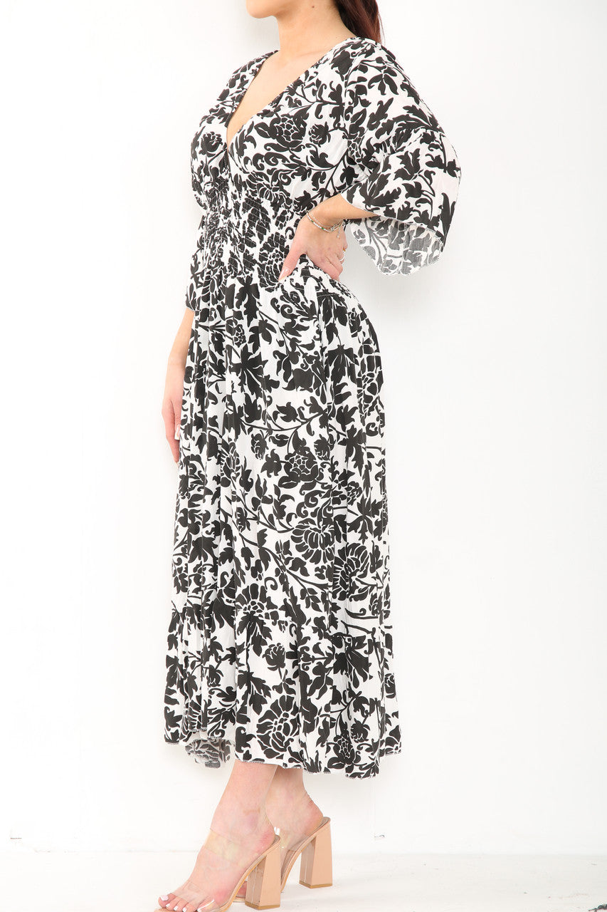 Ladies Baroque Print Elasticated Waist Maxi Dress Black