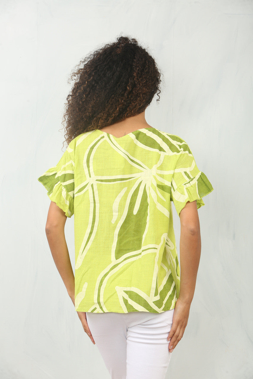 BLOEM ABSTRACTE PRINT TOP MET RUFFELMOUW LIME