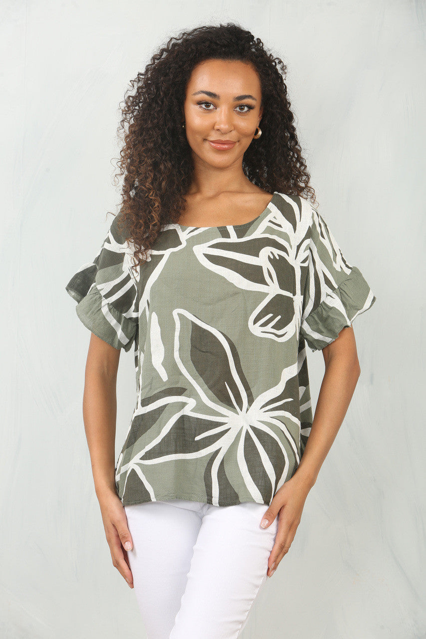 BLOUSE MET BLOEMENPRINT, RUFFELMOUW EN KAKI KLEUR