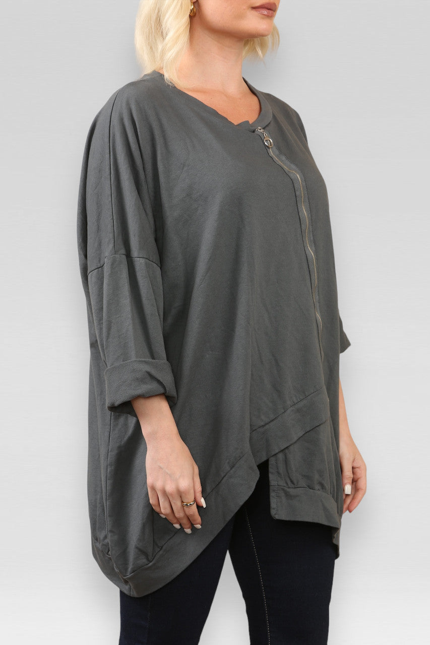 SWEATER MET RITSCHARNIER EN OPSTAANDE KRAAG - ANTRACIETGRIJS